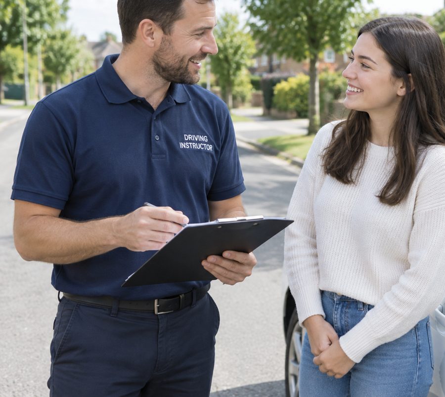 Driving instructor talking with a student